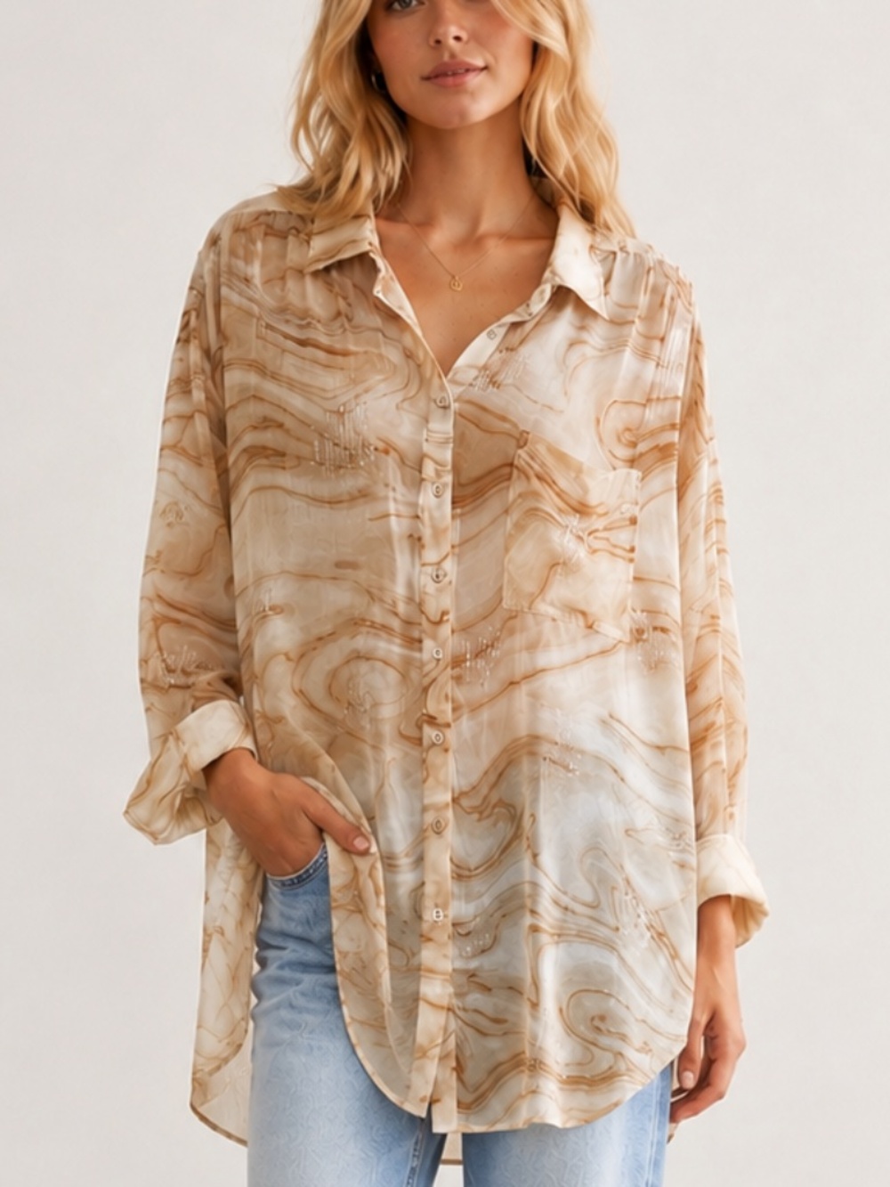 ANTHROPOLOGIE Pilcro Marble Shine Button Down Shirt Tan Cream Sequin Relaxed XL